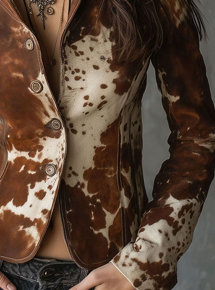 Women's Cow Print Stand-Collar Slim Leather Jacket