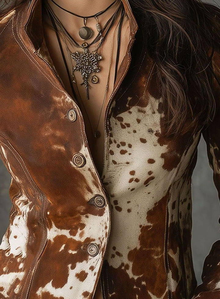 Women's Cow Print Stand-Collar Slim Leather Jacket
