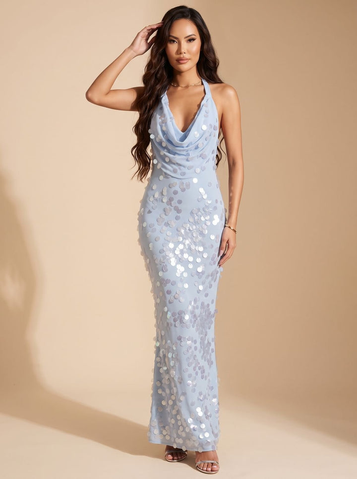 Women's Cowl-Neck Halter Sequin Maxi Dress - Blue