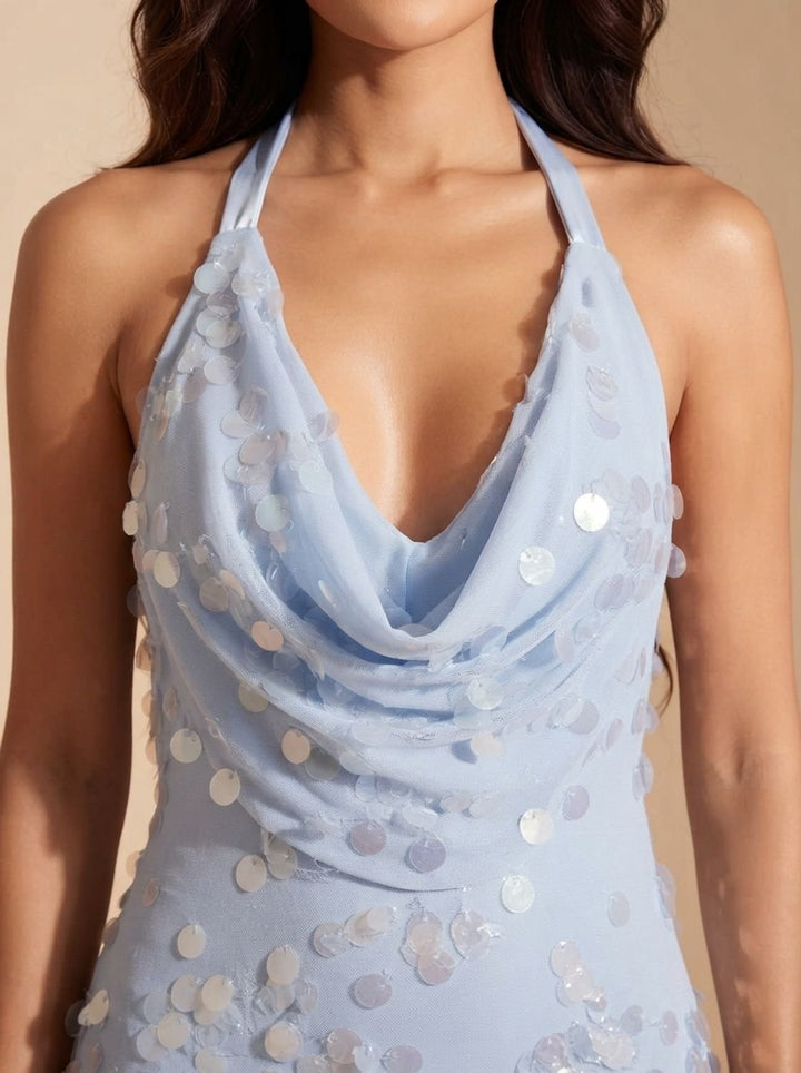 Women's Cowl-Neck Halter Sequin Maxi Dress