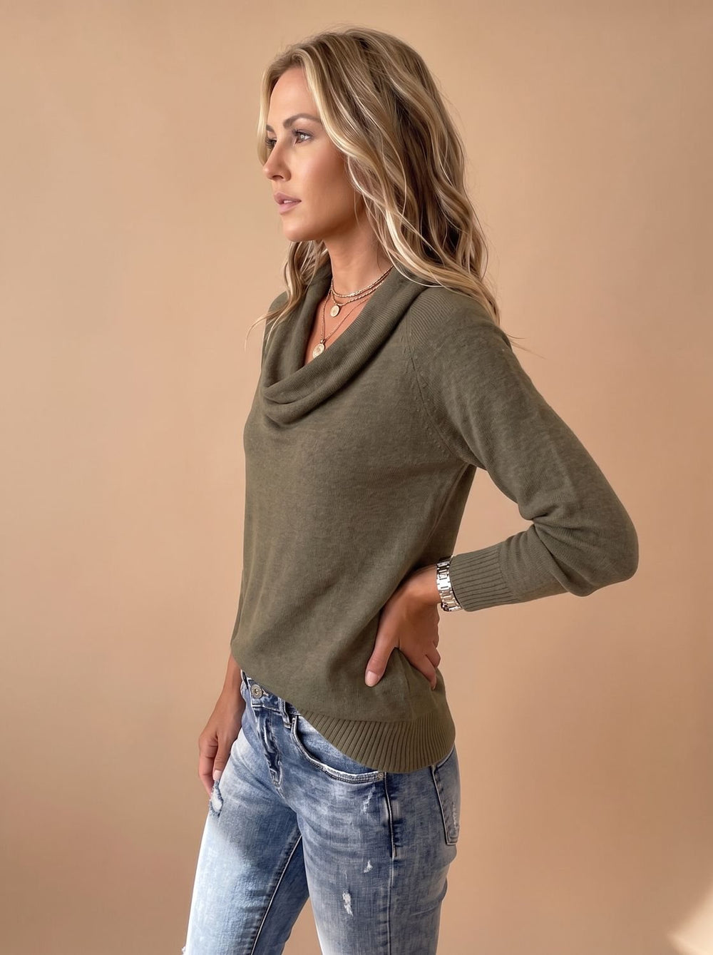 Women's Cowl-Neck Long-Sleeve Knit Pullover Sweater - Brown