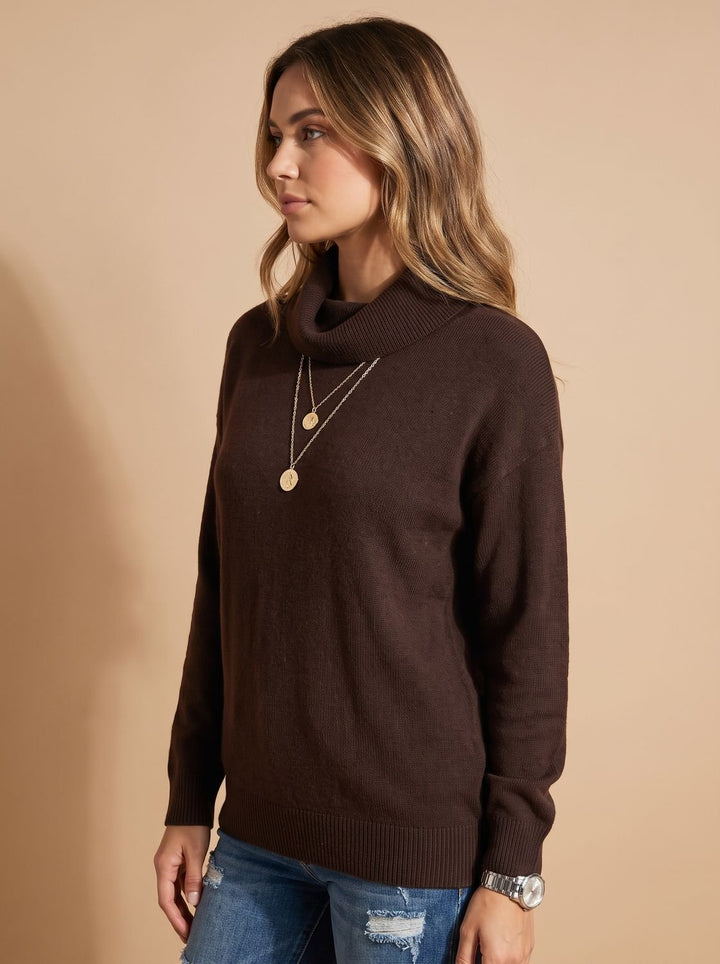 Women's Cowl-Neck Long-Sleeve Knit Pullover Sweater - Dark Purple