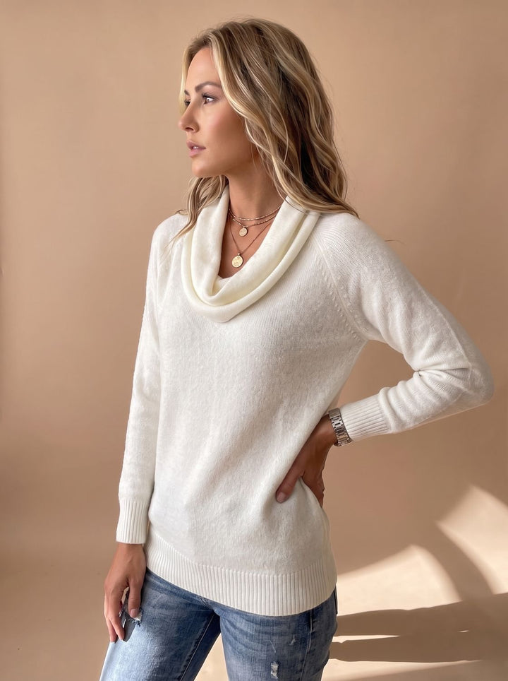 Women's Cowl-Neck Long-Sleeve Knit Pullover Sweater - White