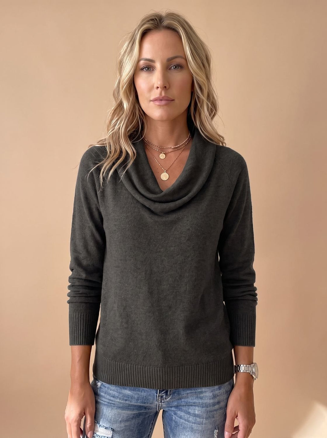 Women's Cowl-Neck Long-Sleeve Knit Pullover Sweater - Black