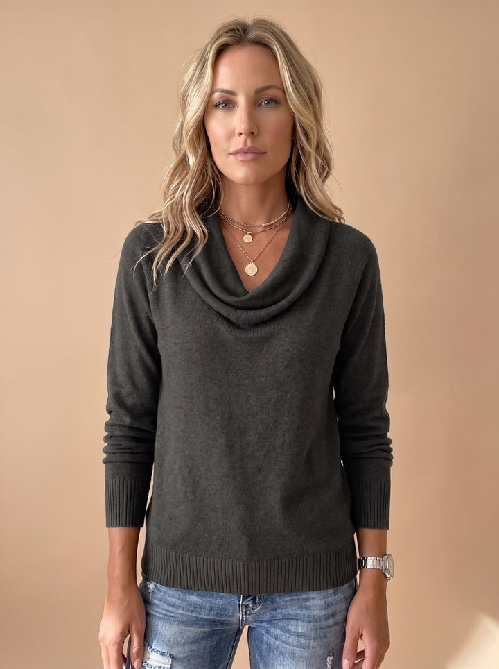Women's Cowl-Neck Long-Sleeve Knit Pullover Sweater - Black