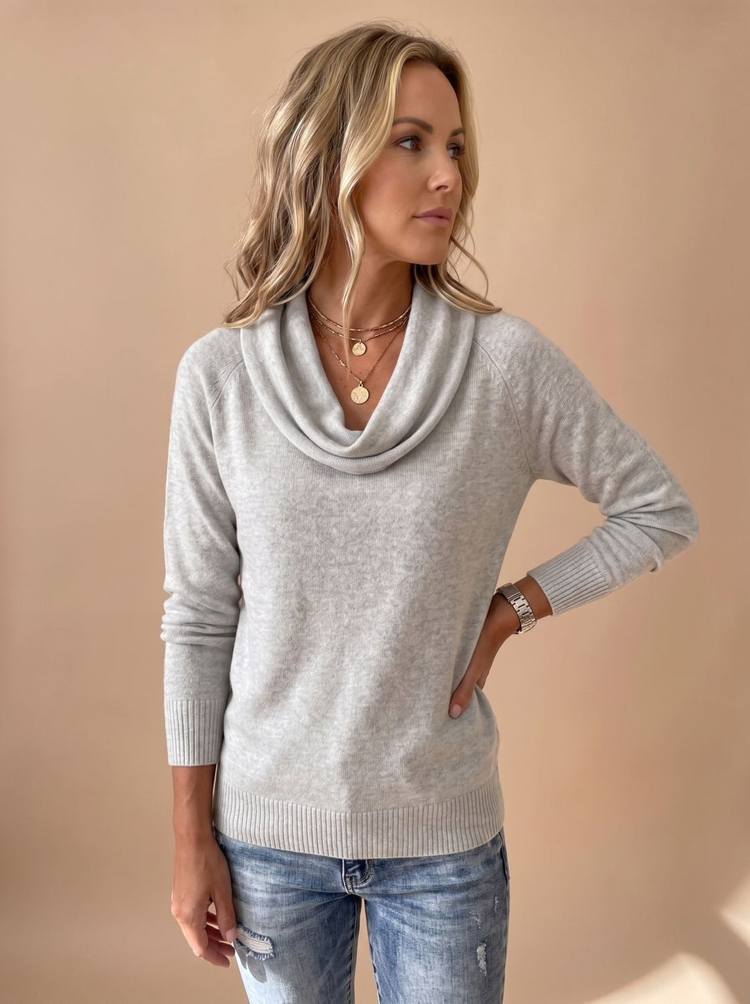 Women's Cowl-Neck Long-Sleeve Knit Pullover Sweater - Light Gray