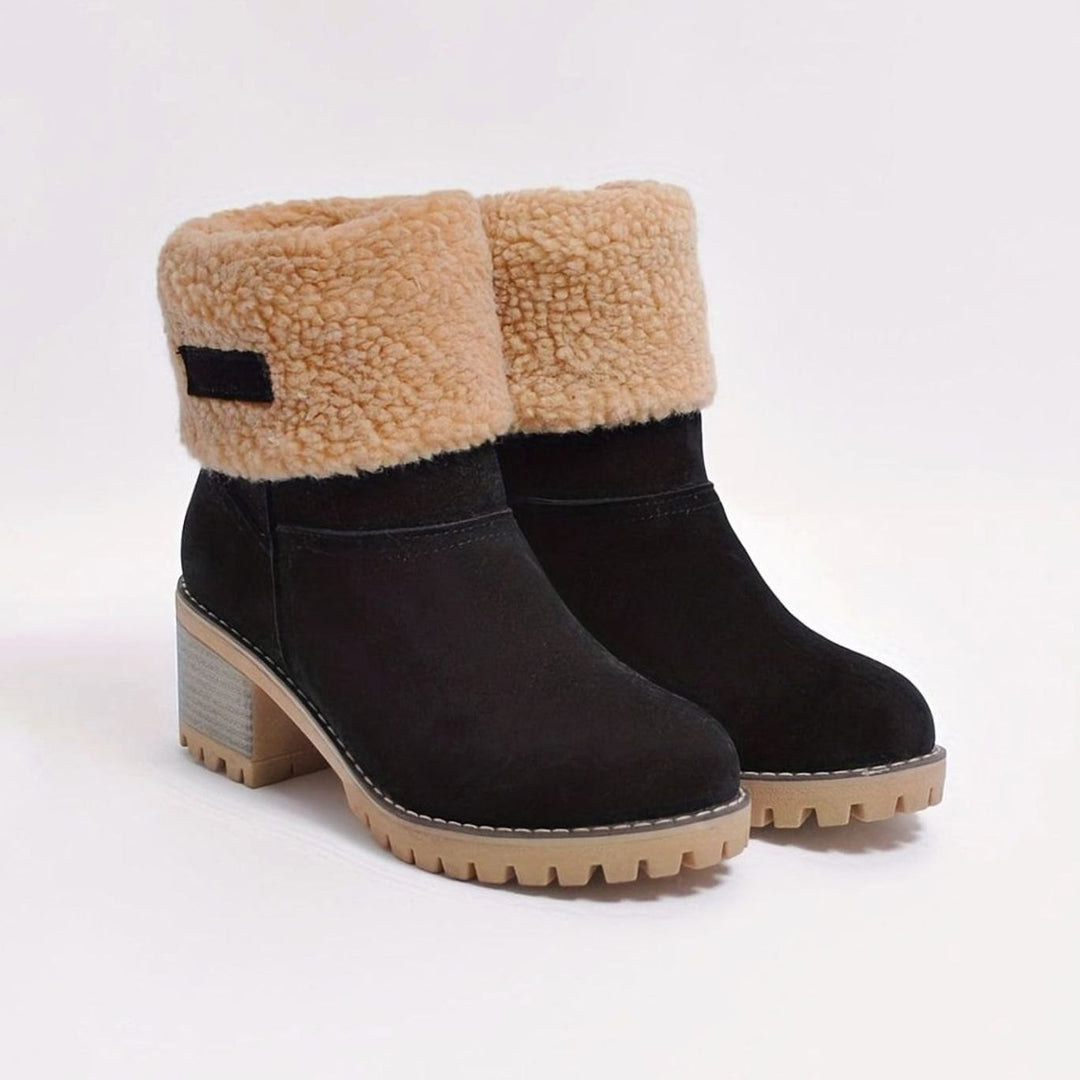 Women's Cozy Cuffed Sherpa-Lined Block Heel Winter Boots - Black