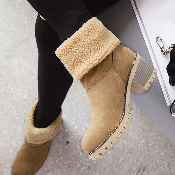 Women's Cozy Cuffed Sherpa-Lined Block Heel Winter Boots
