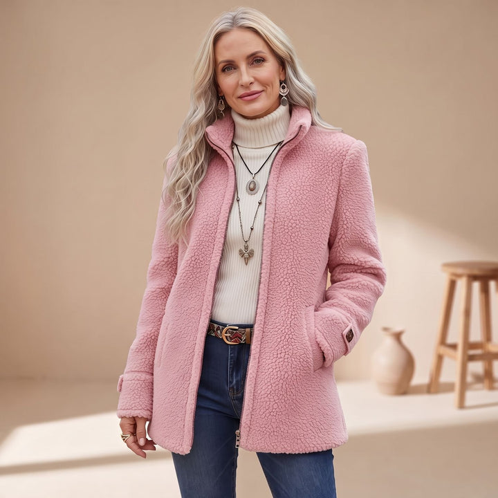 Women's Cozy Fleece Stand-Collar Full-Zip Teddy Jacket - Pink