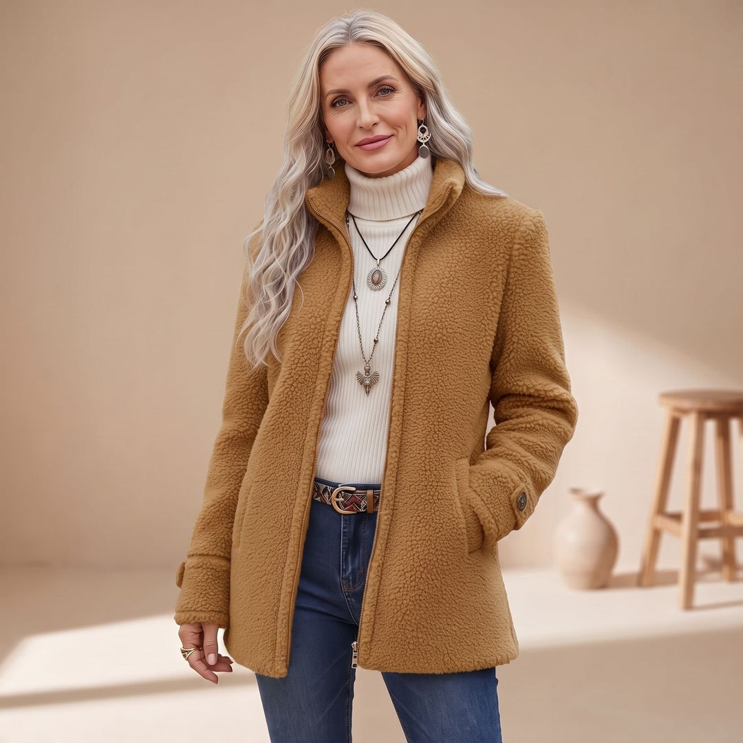 Women's Cozy Fleece Stand-Collar Full-Zip Teddy Jacket - Camel