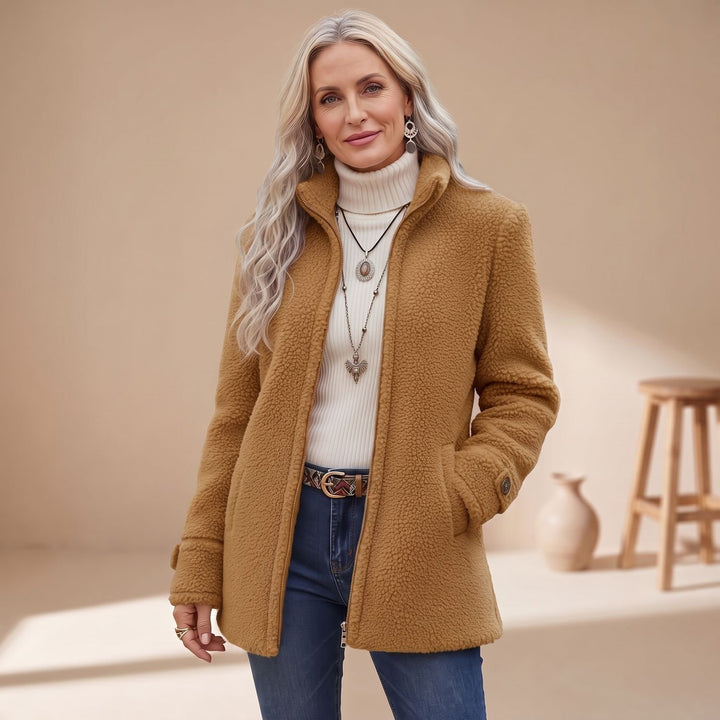 Women's Cozy Fleece Stand-Collar Full-Zip Teddy Jacket - Camel