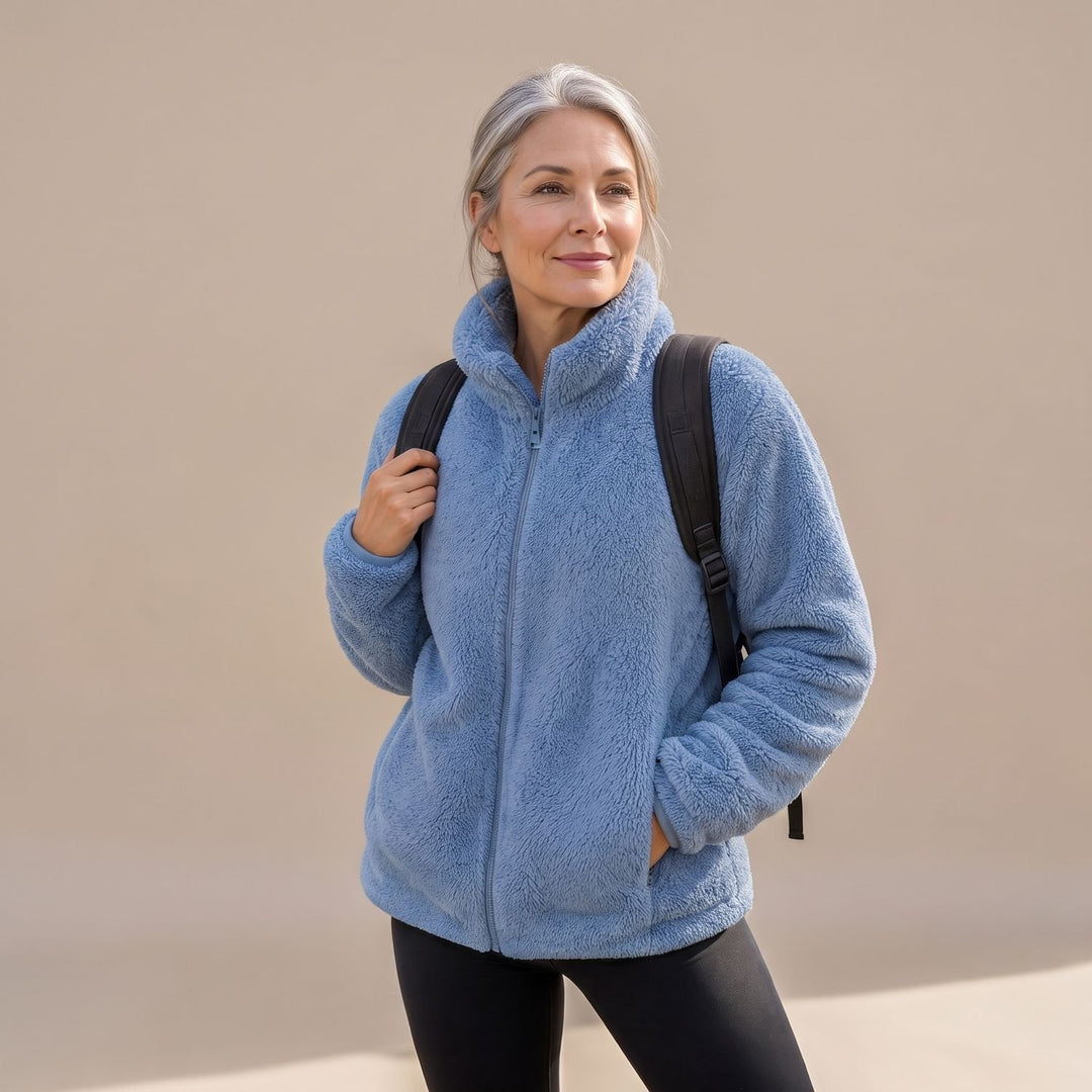 Women's Cozy High-Collar Full-Zip Teddy Fleece Jacket - Blue