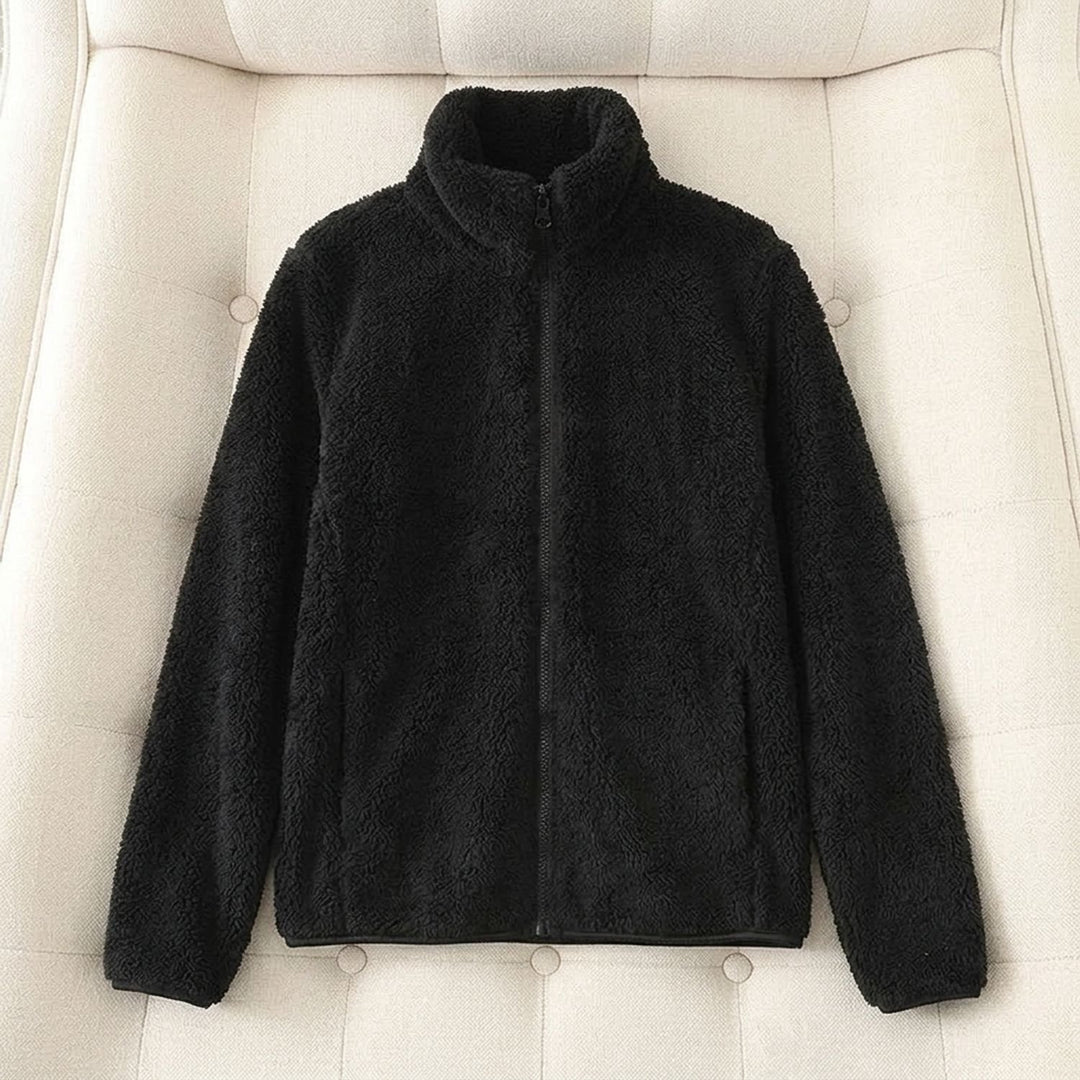 Women's Cozy High-Collar Full-Zip Teddy Fleece Jacket - Black