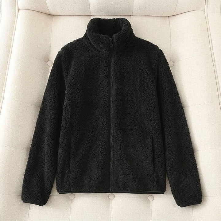 Women's Cozy High-Collar Full-Zip Teddy Fleece Jacket - Black