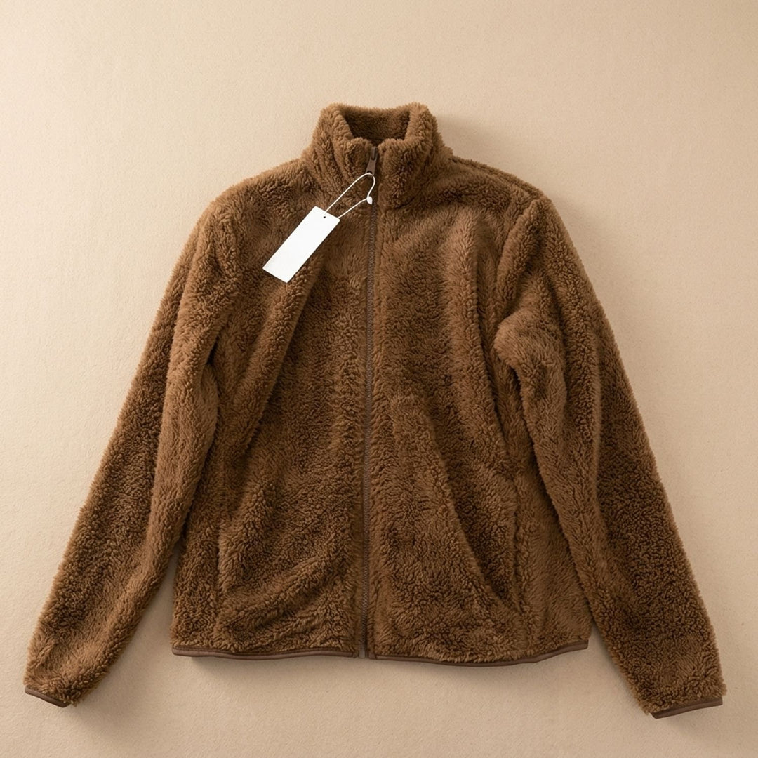 Women's Cozy High-Collar Full-Zip Teddy Fleece Jacket - Brown