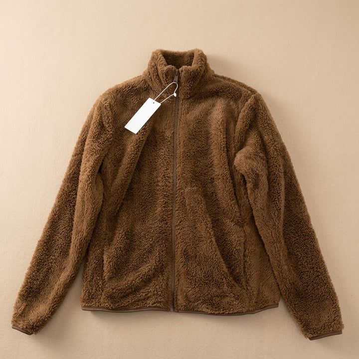 Women's Cozy High-Collar Full-Zip Teddy Fleece Jacket - Brown