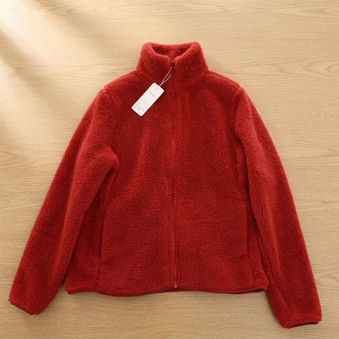 Women's Cozy High-Collar Full-Zip Teddy Fleece Jacket - Red
