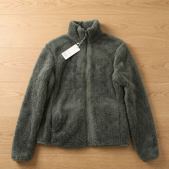 Women's Cozy High-Collar Full-Zip Teddy Fleece Jacket - Dark Green
