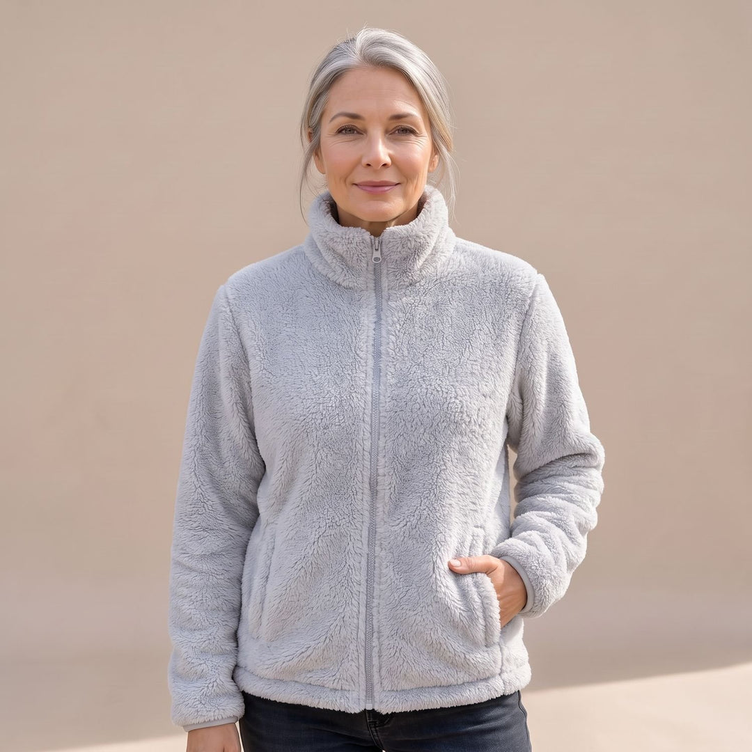 Women's Cozy High-Collar Full-Zip Teddy Fleece Jacket - Light Grey