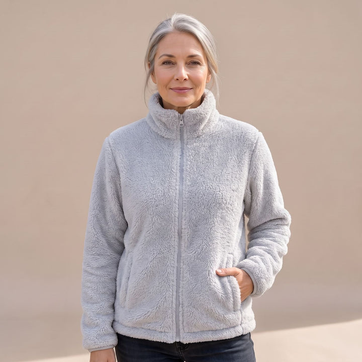 Women's Cozy High-Collar Full-Zip Teddy Fleece Jacket - Light Grey