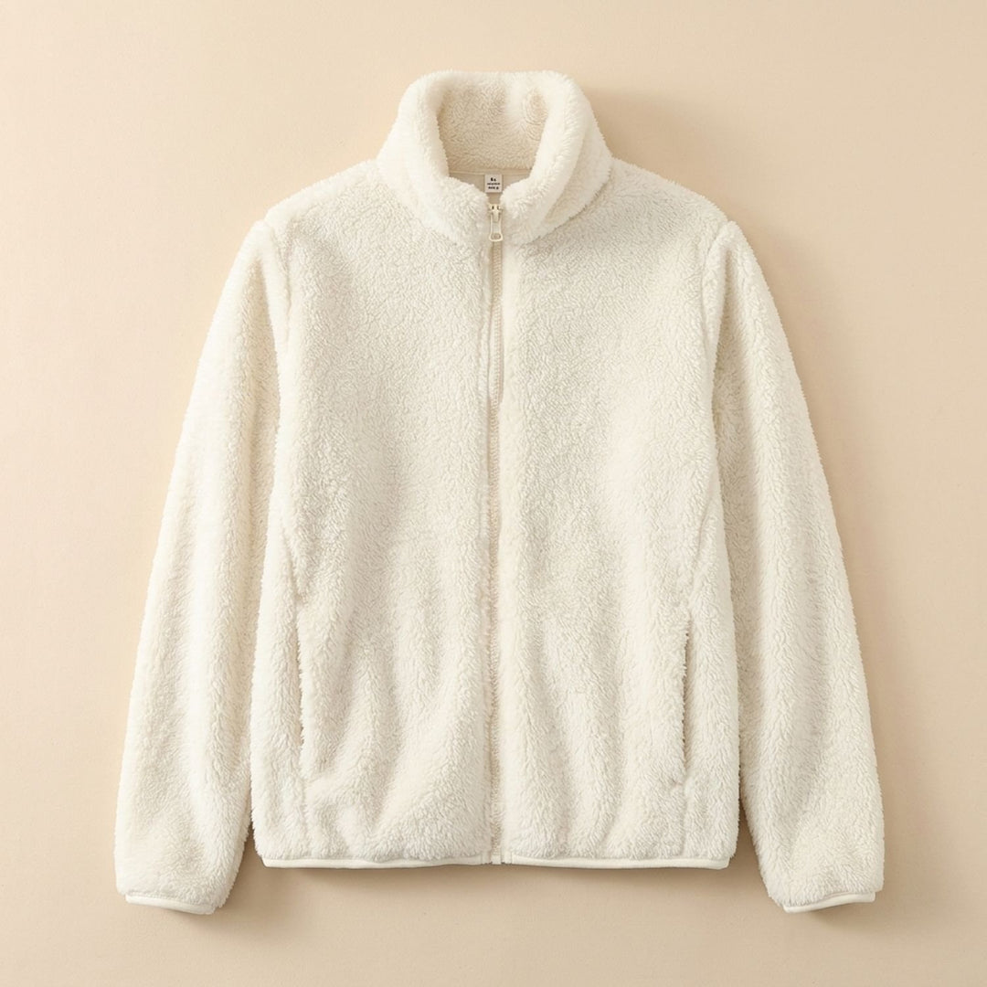 Women's Cozy High-Collar Full-Zip Teddy Fleece Jacket - Beige