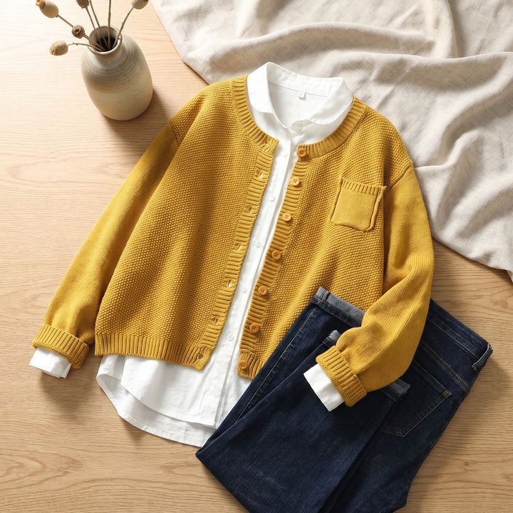 Women's Cozy Knit Cardigan Relaxed Button-Front Cotton Blend Sweater - Yellow