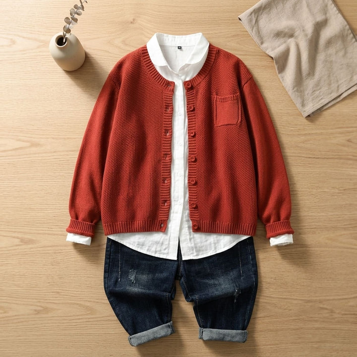 Women's Cozy Knit Cardigan Relaxed Button-Front Cotton Blend Sweater - Red