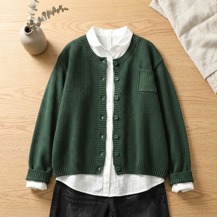 Women's Cozy Knit Cardigan Relaxed Button-Front Cotton Blend Sweater - Green