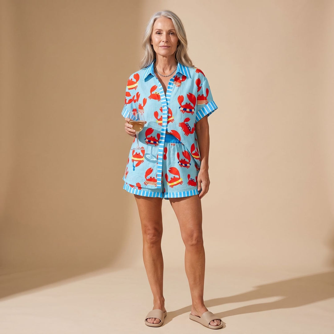 Women's Crab-Print Camp-Collar Short-Sleeve Two Piece Set