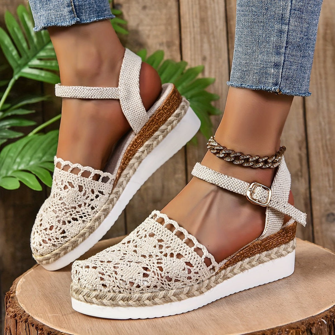 Women's Crochet Ankle-Strap Comfortable Sandals Espadrille Platform - Beige
