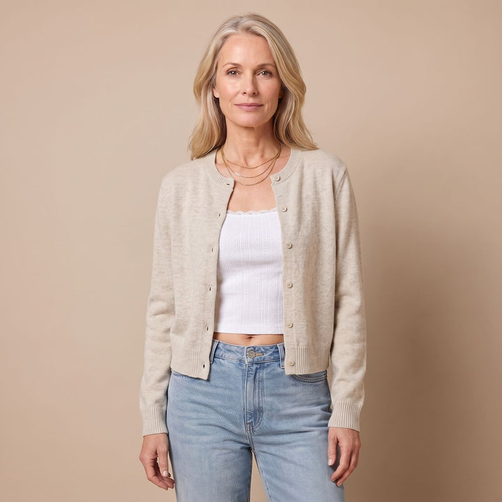 Women's Cropped Crew-Neck Button-Front Knit Cardigan - Gray