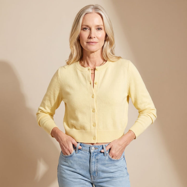 Women's Cropped Crew-Neck Button-Front Knit Cardigan - Yellow