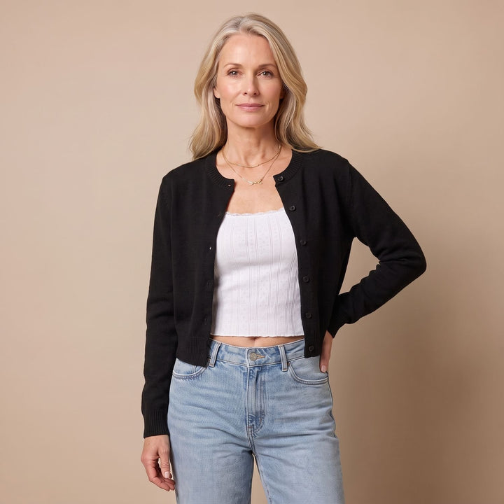 Women's Cropped Crew-Neck Button-Front Knit Cardigan - Black