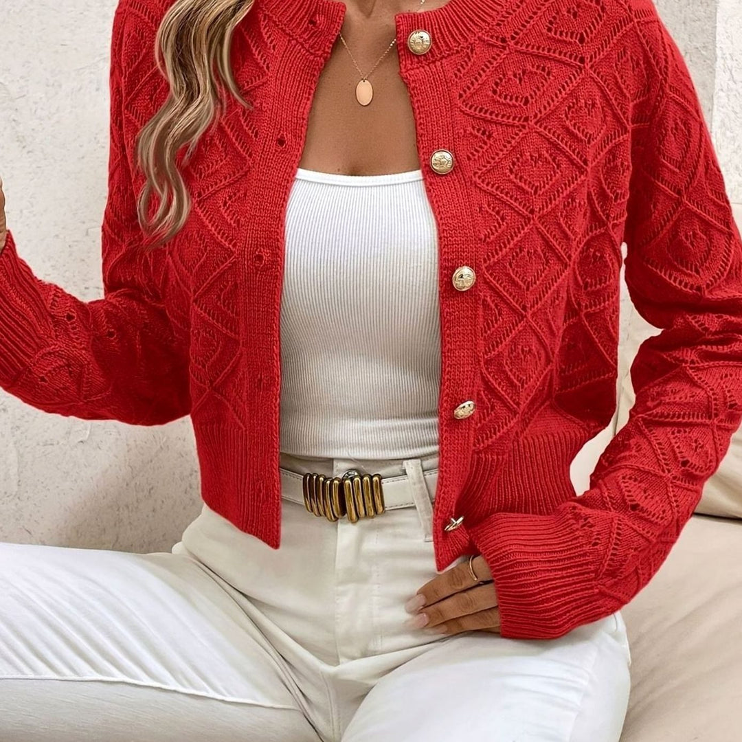 Women's Cropped Diamond-Knit Button-Front Cardigan - Red