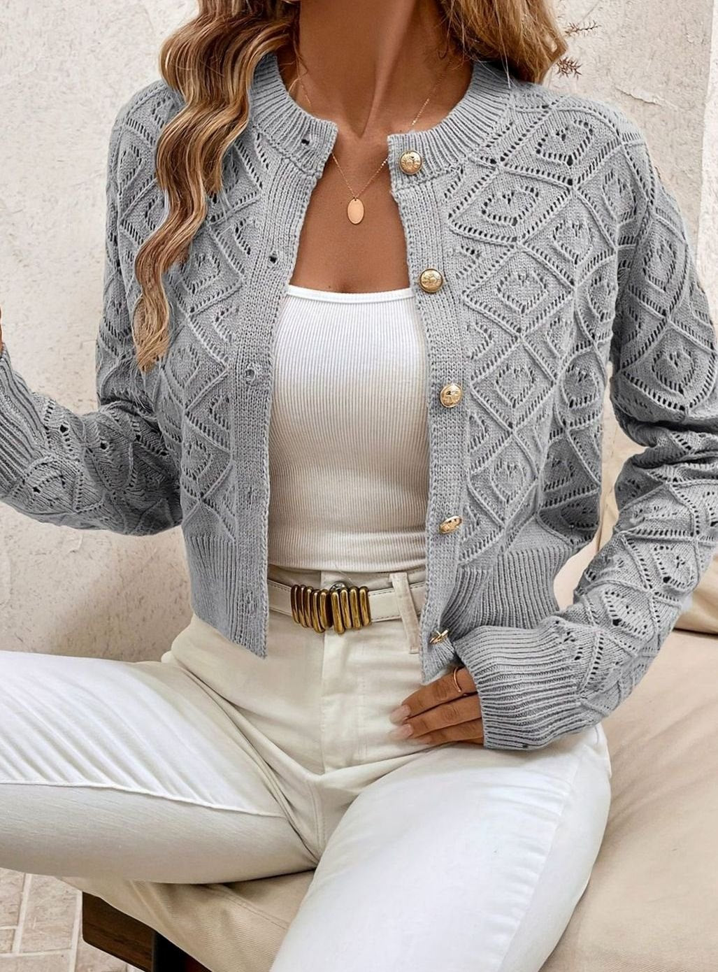 Women's Cropped Diamond-Knit Button-Front Cardigan