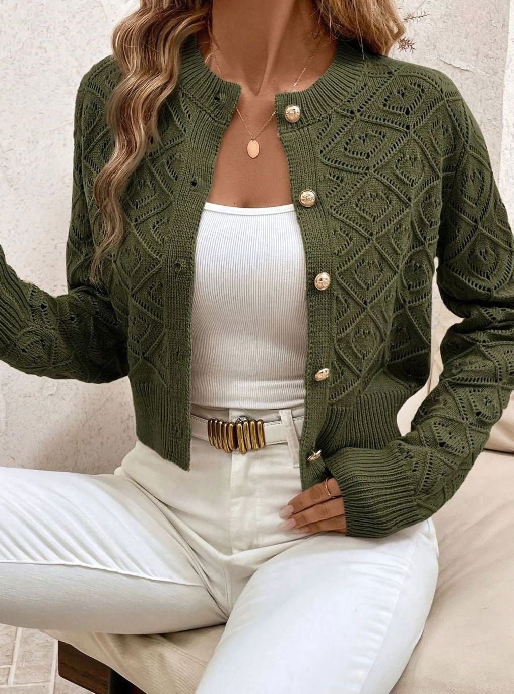 Women's Cropped Diamond-Knit Button-Front Cardigan