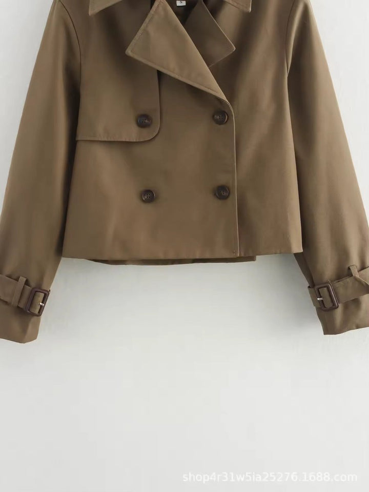 Women's Cropped Double-Breasted Trench Coat Buckle-Cuff Jacket