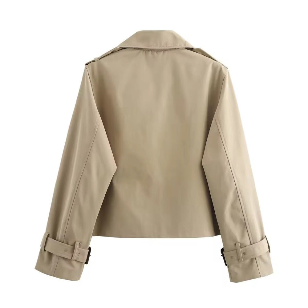 Women's Cropped Double-Breasted Trench Coat Buckle-Cuff Jacket