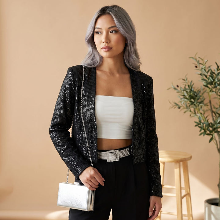 Women's Cropped Sequin Blazer Jacket Collarless Long-Sleeve