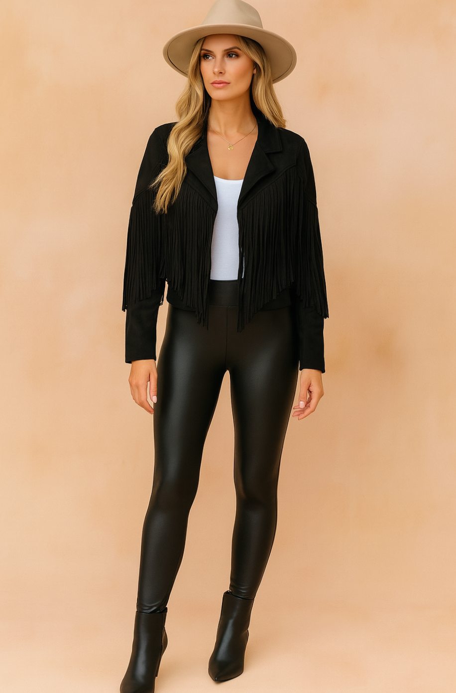 Women's Cropped Suede Fringe Western Long-Sleeve Jacket - Black