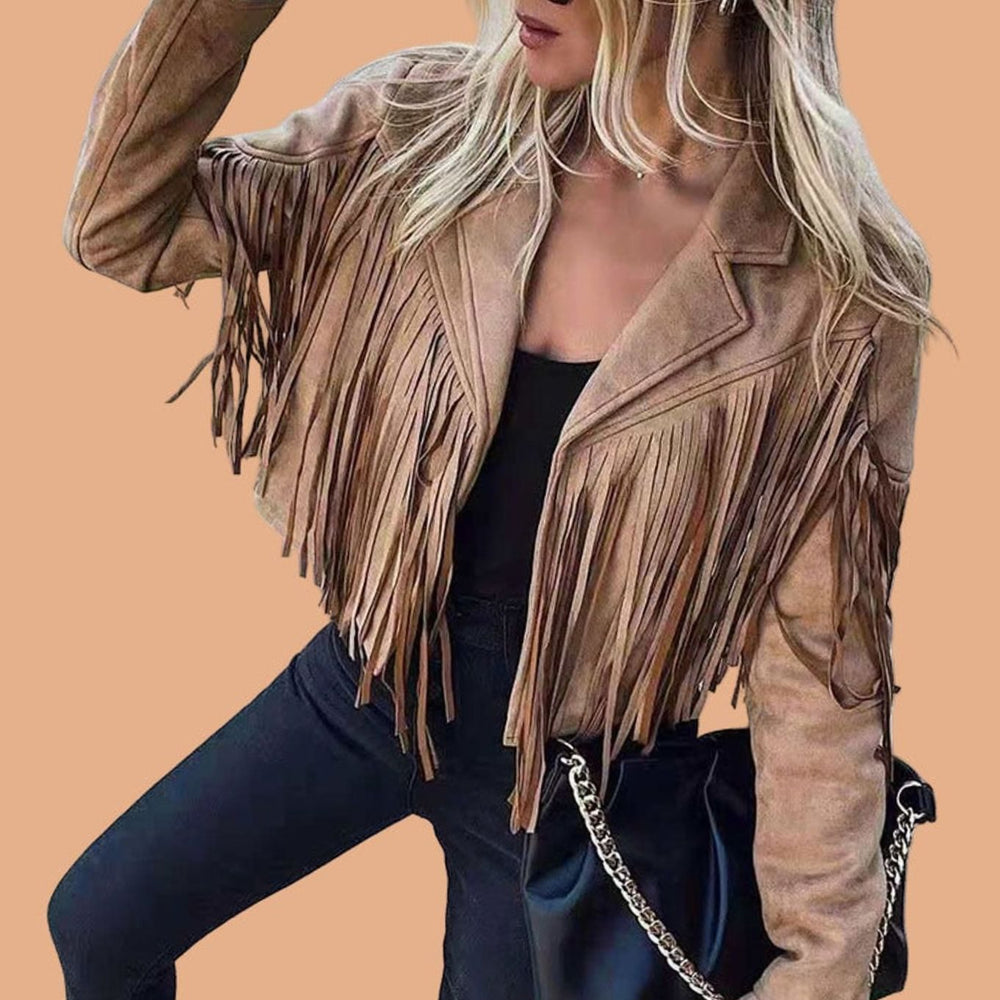 Women's Cropped Suede Fringe Western Long-Sleeve Jacket - Chestnut Brown