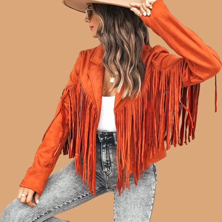 Women's Cropped Suede Fringe Western Long-Sleeve Jacket - Orange