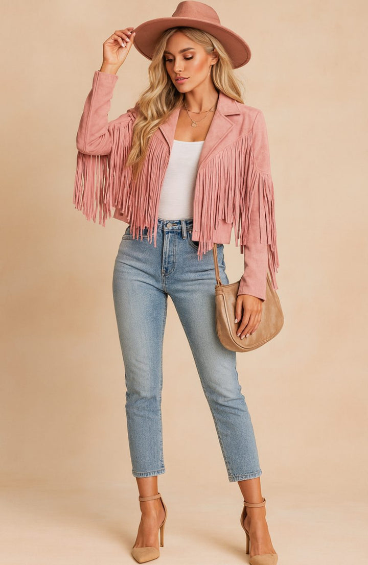 Women's Cropped Suede Fringe Western Long-Sleeve Jacket - Pink