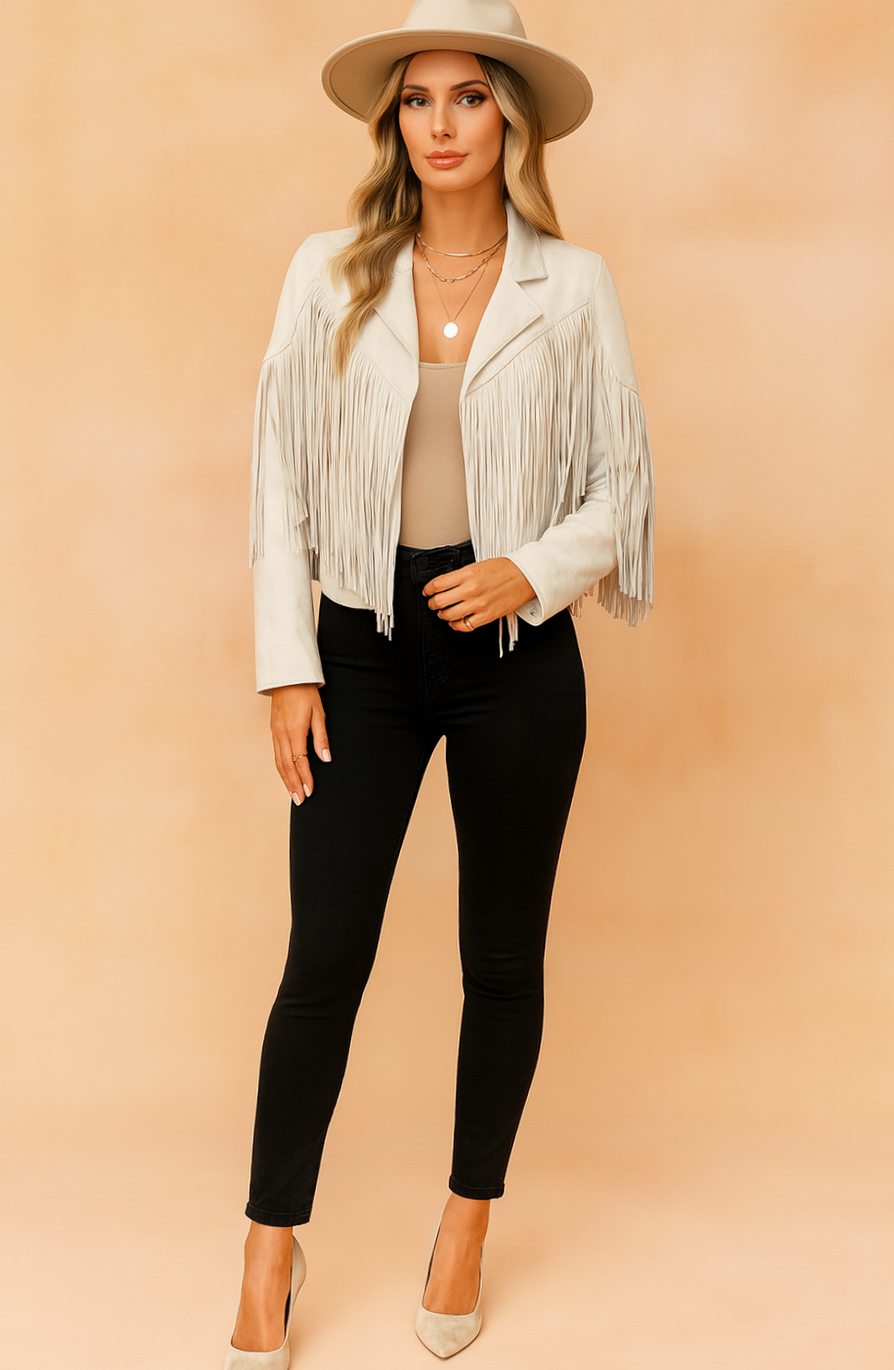 Women's Cropped Suede Fringe Western Long-Sleeve Jacket - Beige