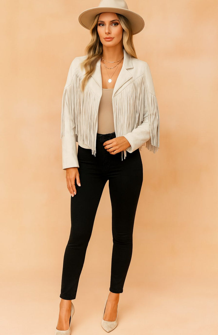 Women's Cropped Suede Fringe Western Long-Sleeve Jacket - Beige