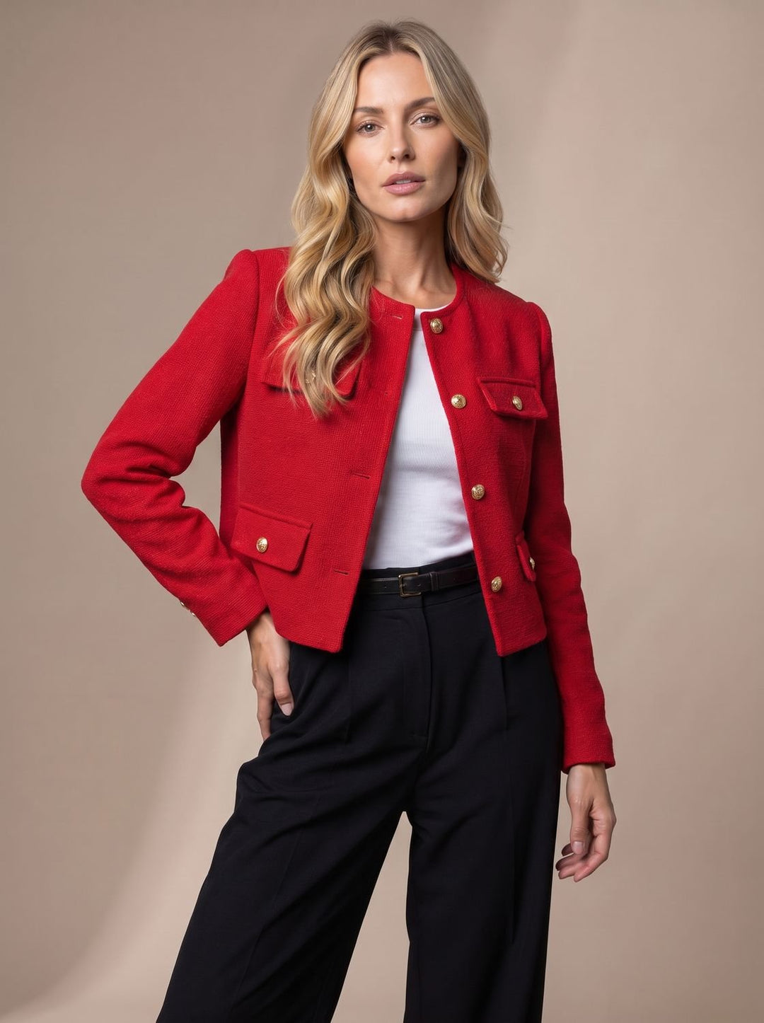 Women's Cropped Tweed Blazer Collarless Gold-Button Flap-Pocket Jacket, Light Blue - Red