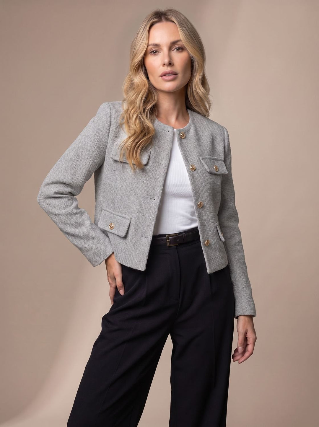 Women's Cropped Tweed Blazer Collarless Gold-Button Flap-Pocket Jacket, Light Blue - Grey