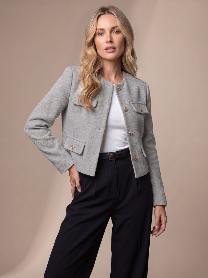 Women's Cropped Tweed Blazer Collarless Gold-Button Flap-Pocket Jacket, Light Blue - Grey