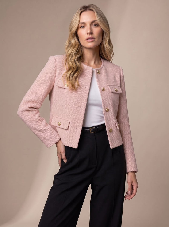 Women's Cropped Tweed Blazer Collarless Gold-Button Flap-Pocket Jacket, Light Blue - Light Pink