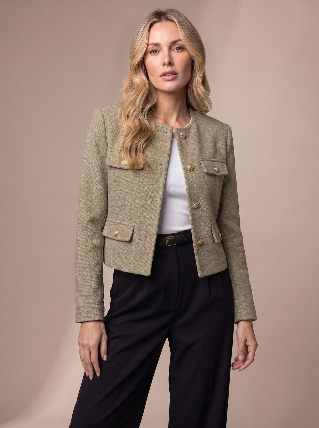 Women's Cropped Tweed Blazer Collarless Gold-Button Flap-Pocket Jacket, Light Blue - Olive